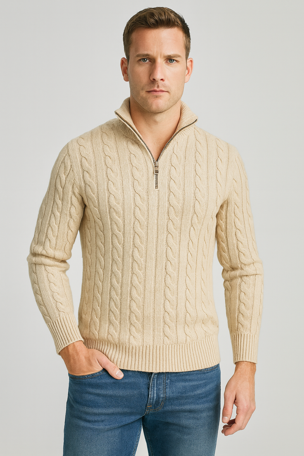 Men's Cable Knit Half-Zip Sweater in beige, High Collar