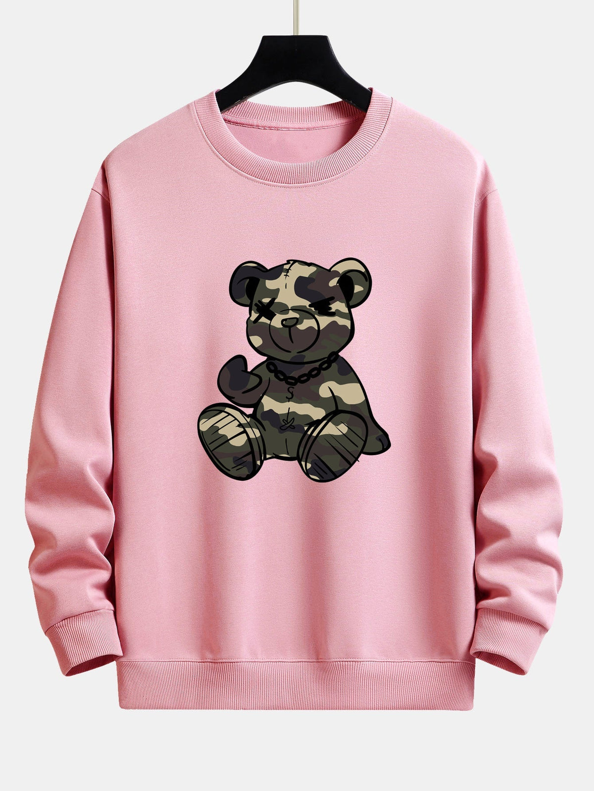 Men's Camouflage Teddy Bear Graphic Sweatshirt in light pink, Relaxed Fit