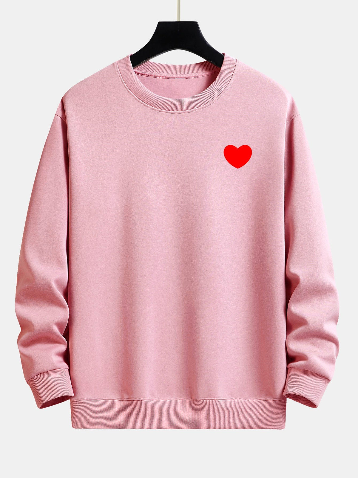 Men's Minimalist Heart Print Crew Neck Sweatshirt – Relaxed Fit - Light Pink