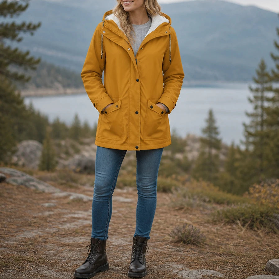 Women's Fleece-Lined Hooded Winter Jacket in khaki, Windproof Warmth