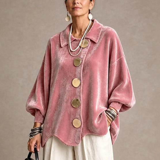 Women's Gold Button Velvet-Look Blouse in pink, Casual Hip-Length
