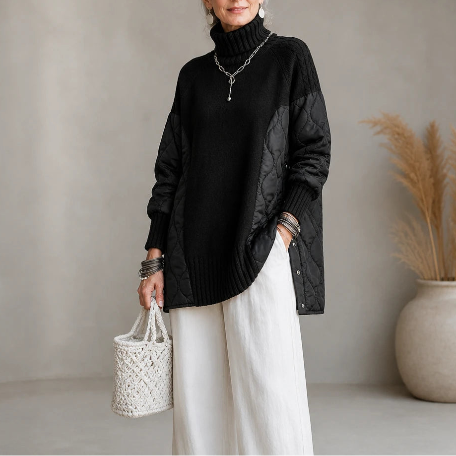 Women's Quilted Panel Turtleneck Pullover in black, Relaxed Fit