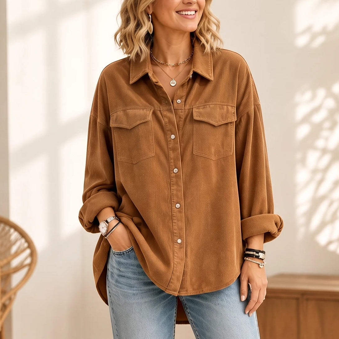 Women's Ribbed Corduroy-Look Button-Front Shirt in brown, Relaxed Fit