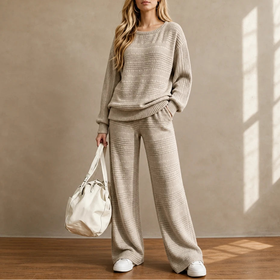 Women's Ribbed Knit Lounge Set – Wide-Leg Pants - Khaki
