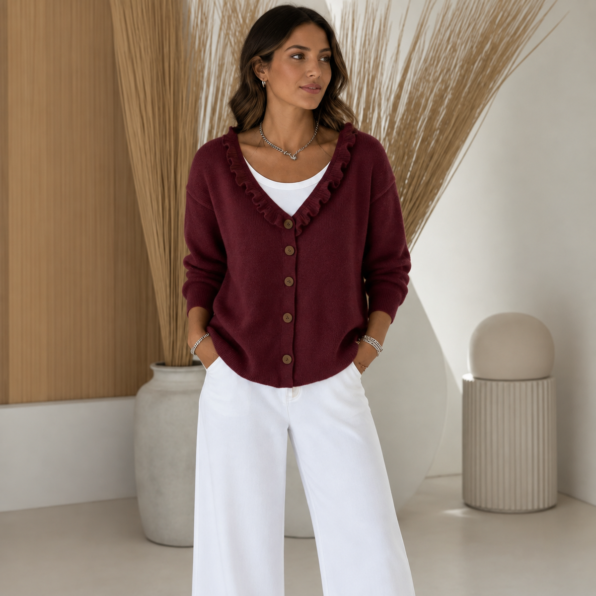 Women's Ruffle-Collar Stretch Knit Cardigan in burgundy, Fitted Button Front