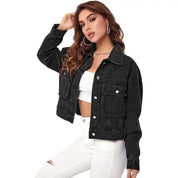 Black denim jacket with button front and flap pockets