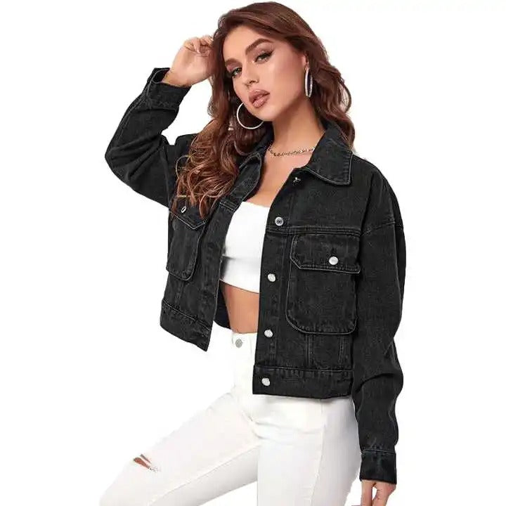 Black denim jacket with button front and flap pockets