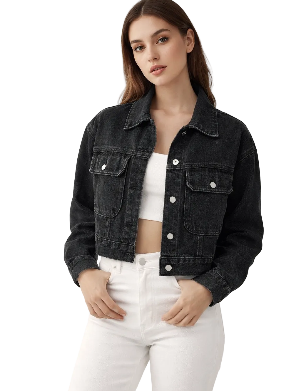 Black denim jacket with button front and flap pockets