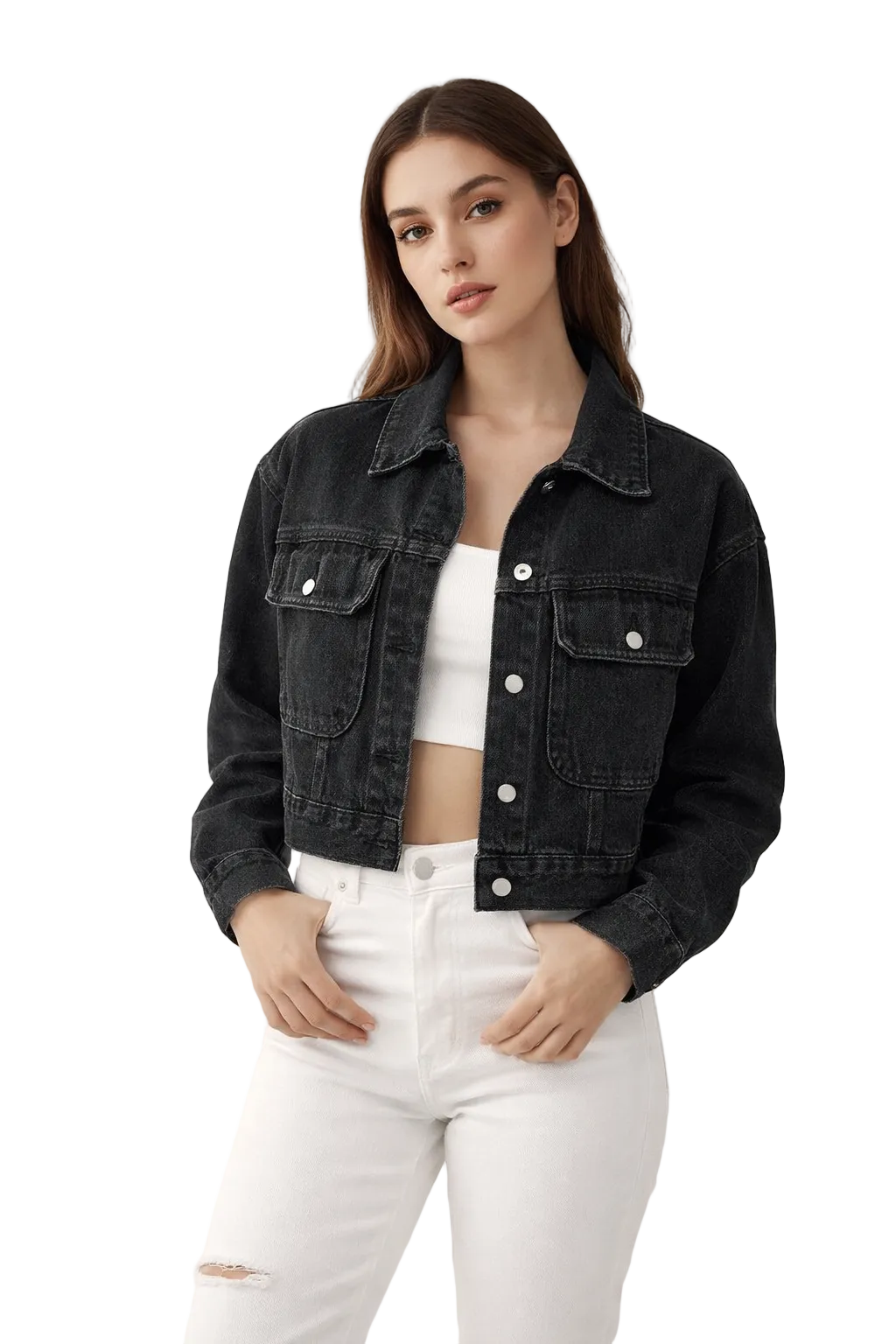 Black denim jacket with button front and flap pockets