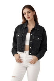 Black denim jacket with button front and flap pockets