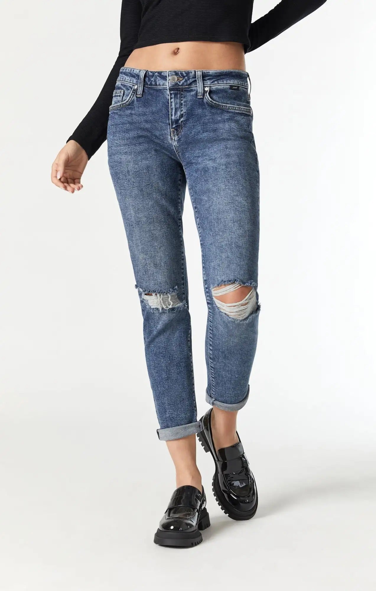 Blue Wash Slim Jeans with Ripped Knees and Rolled Cuffs