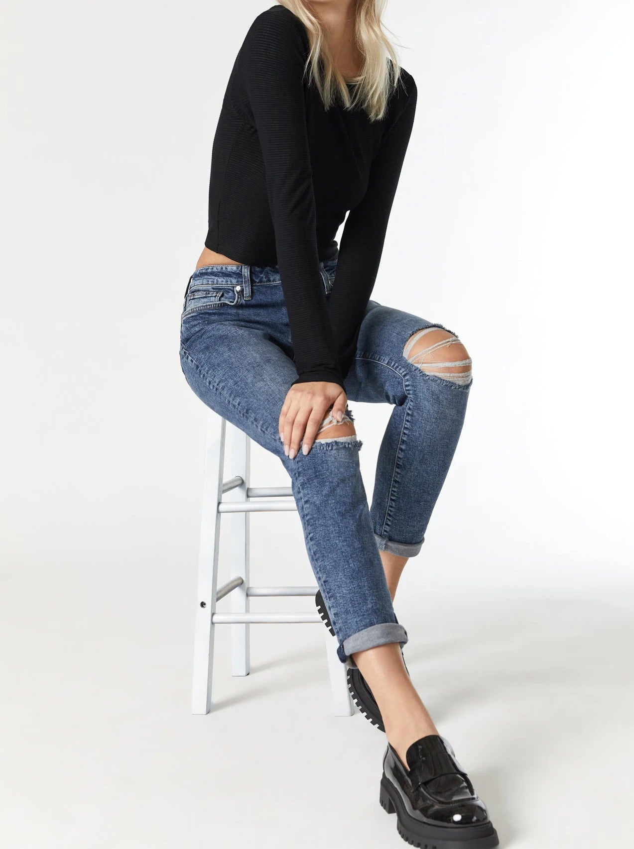 Blue Wash Slim Jeans with Ripped Knees and Rolled Cuffs