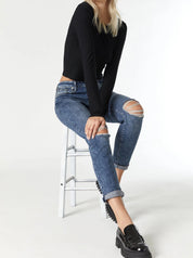 Blue Wash Slim Jeans with Ripped Knees and Rolled Cuffs