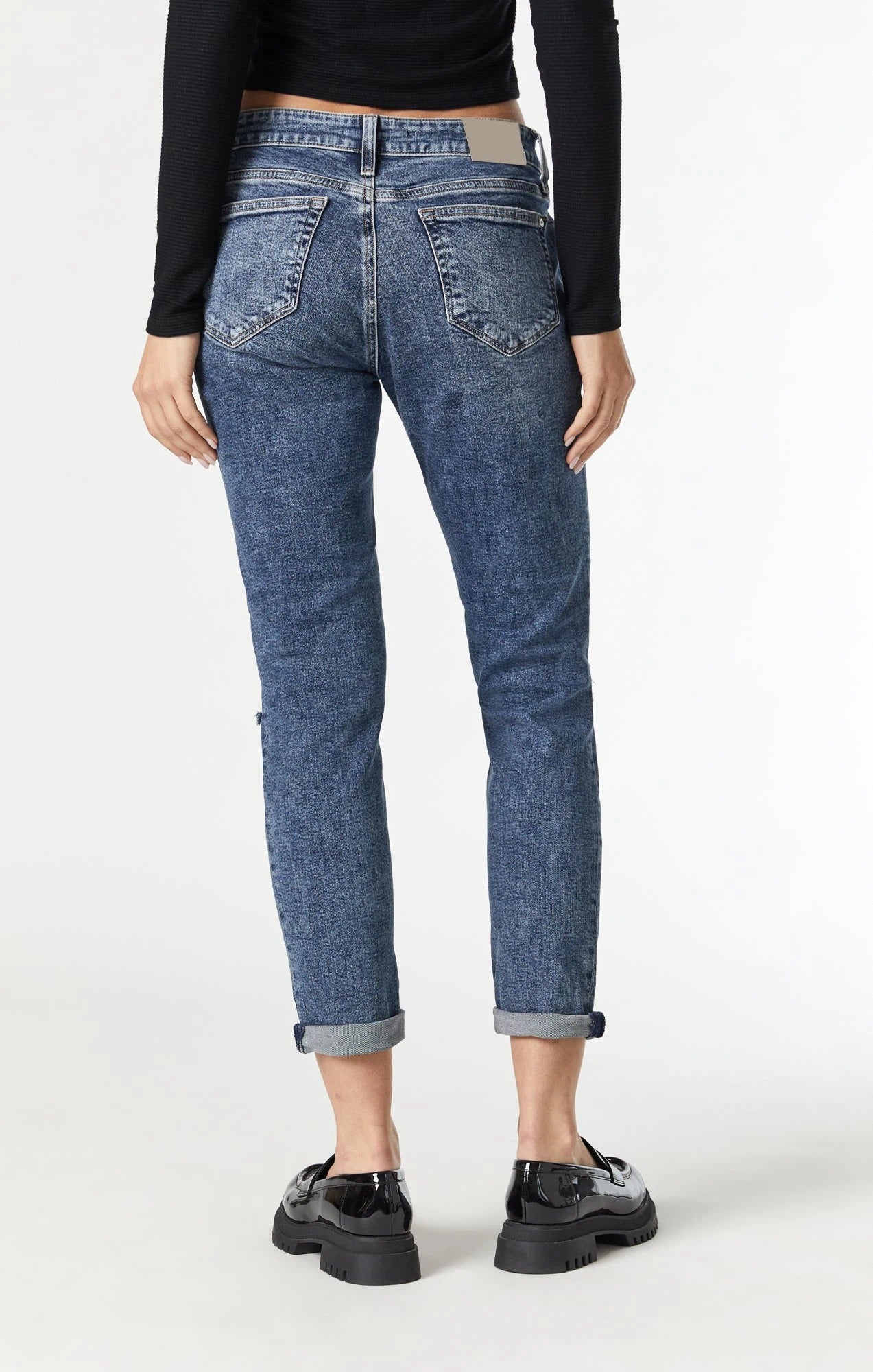 Blue Wash Slim Jeans with Ripped Knees and Rolled Cuffs