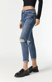 Blue Wash Slim Jeans with Ripped Knees and Rolled Cuffs