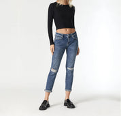 Blue Wash Slim Jeans with Ripped Knees and Rolled Cuffs