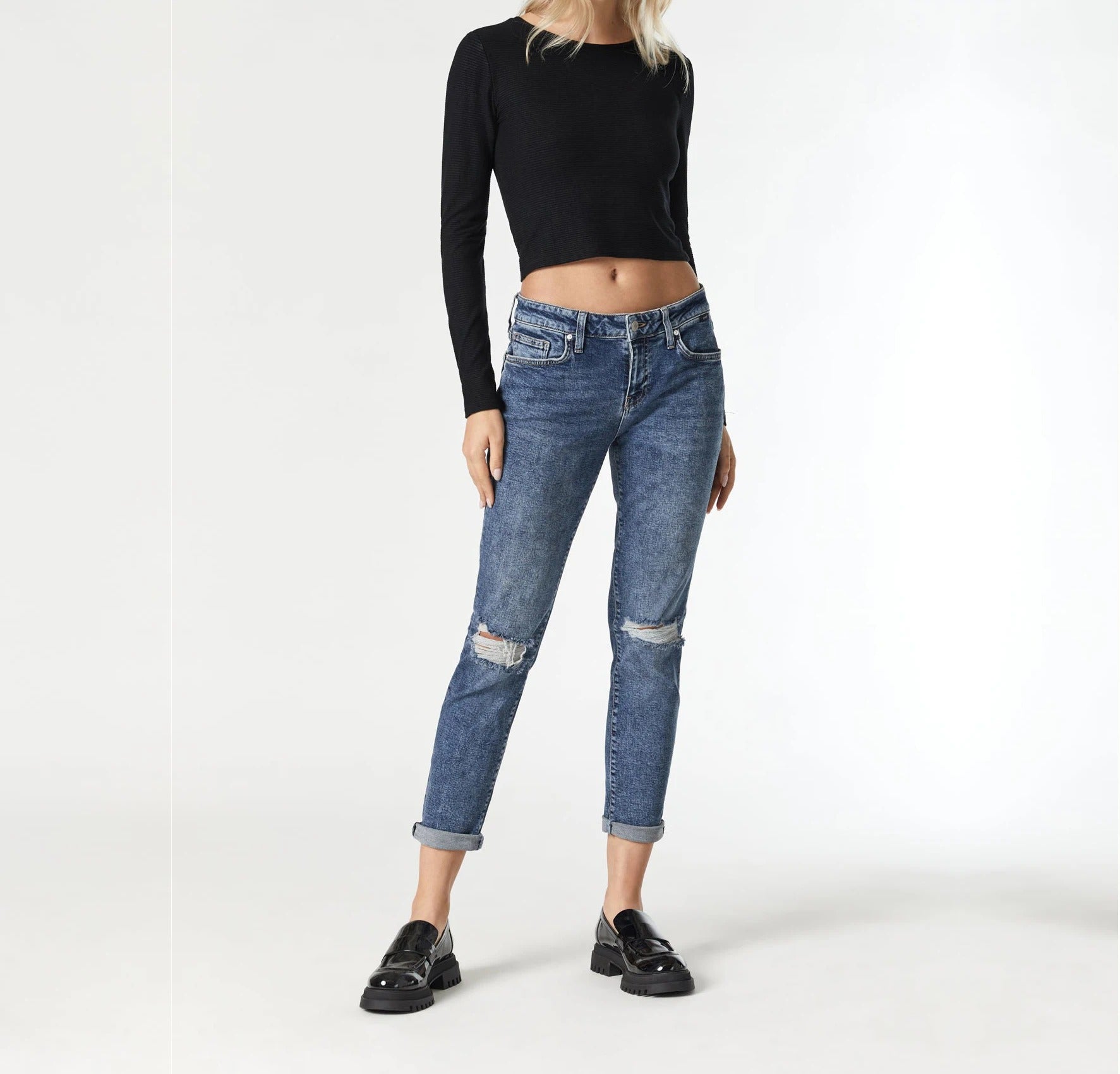 Blue Wash Slim Jeans with Ripped Knees and Rolled Cuffs