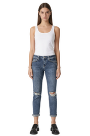 Blue Wash Slim Jeans with Ripped Knees and Rolled Cuffs