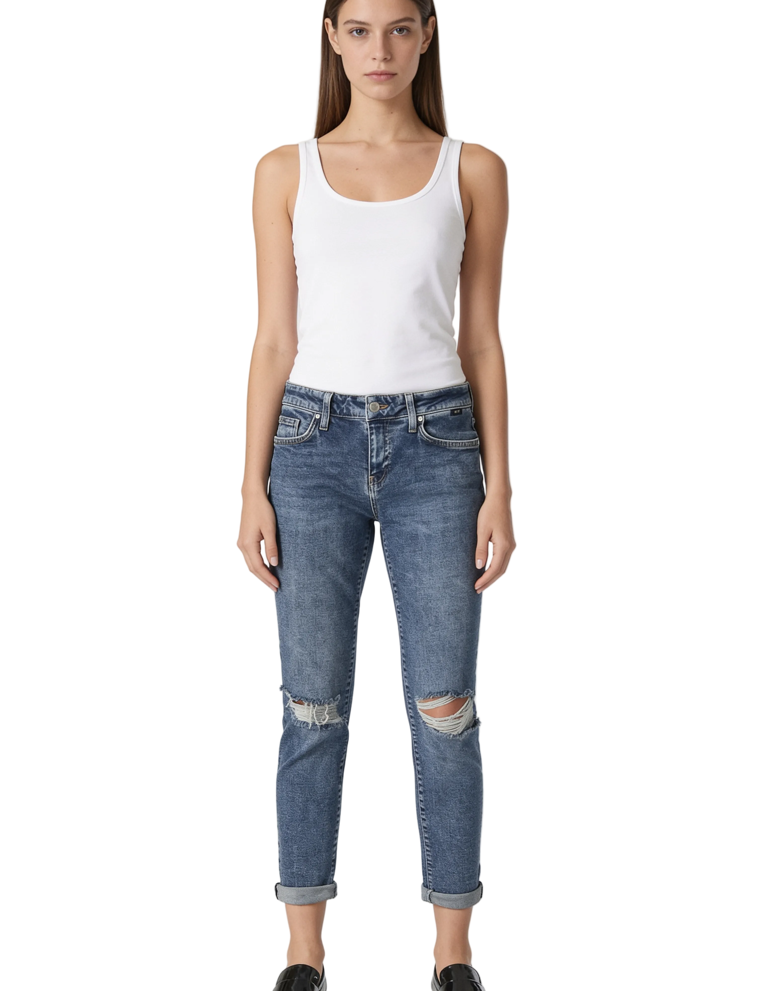 Blue Wash Slim Jeans with Ripped Knees and Rolled Cuffs