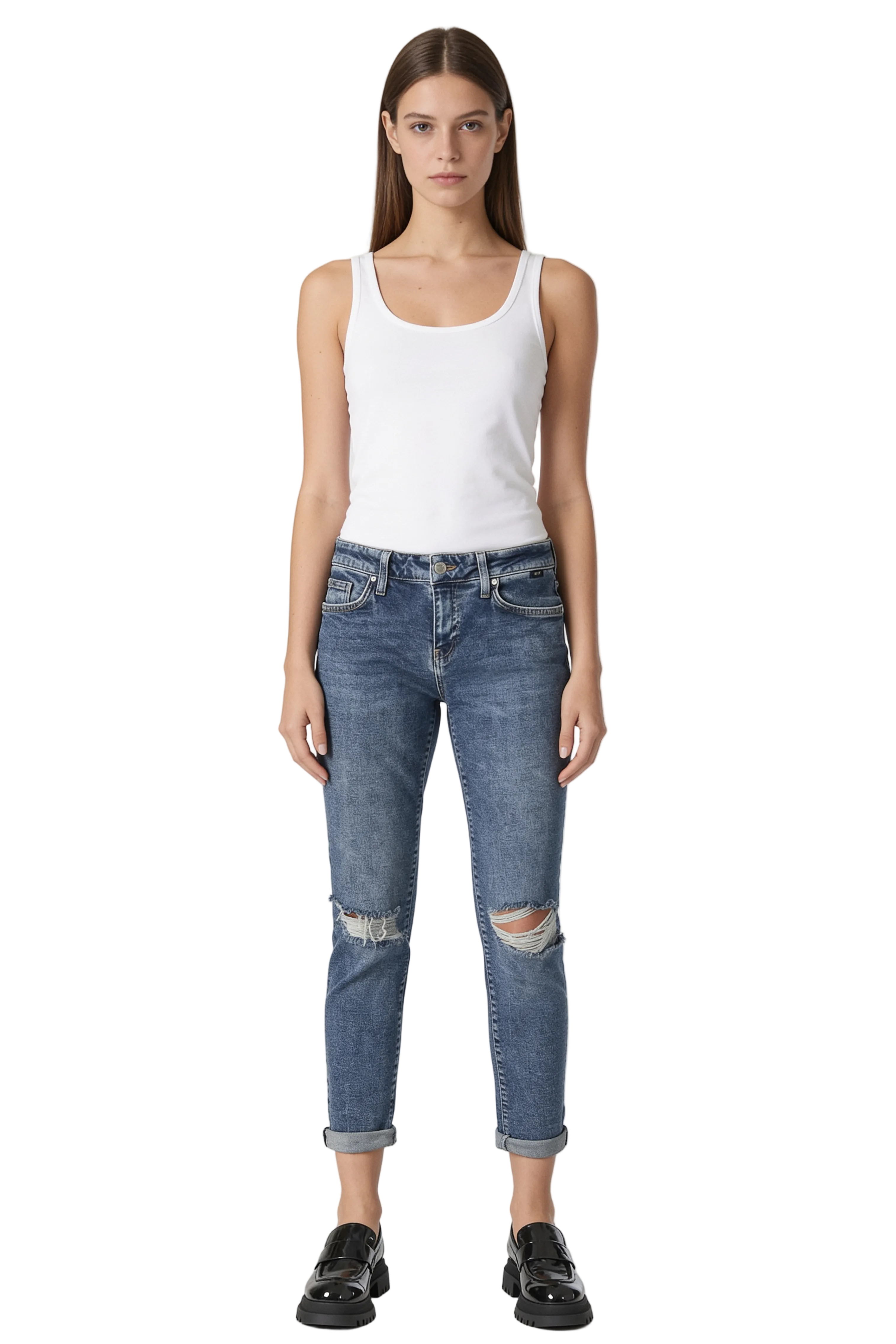 Blue Wash Slim Jeans with Ripped Knees and Rolled Cuffs