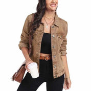 Brown denim jacket with button front and flap pockets
