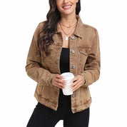 Brown denim jacket with button front and flap pockets