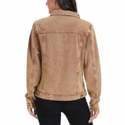Brown denim jacket with button front and flap pockets