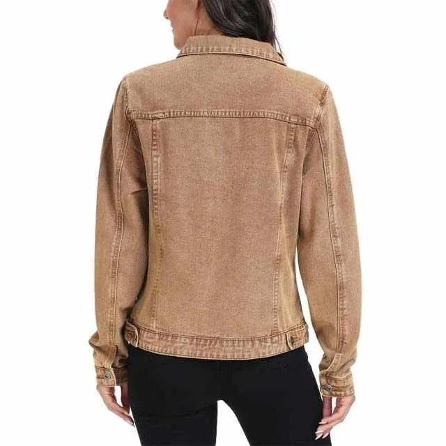 Brown denim jacket with button front and flap pockets