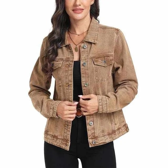 Brown denim jacket with button front and flap pockets