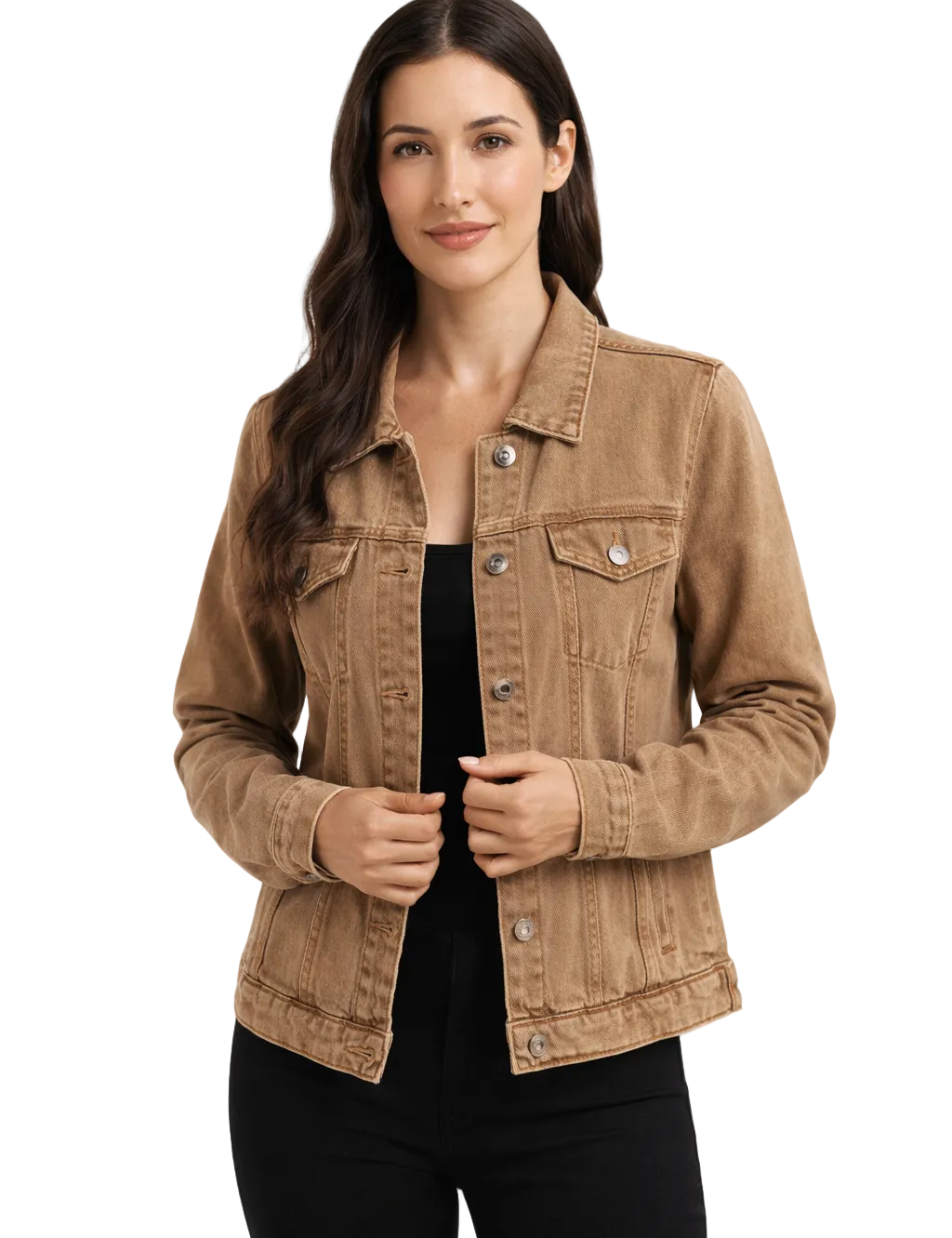 Brown denim jacket with button front and flap pockets