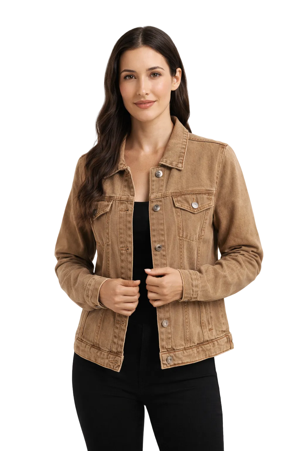 Brown denim jacket with button front and flap pockets