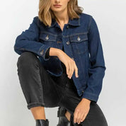 Dark blue denim jacket with button front and chest pockets