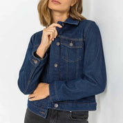 Dark blue denim jacket with button front and chest pockets