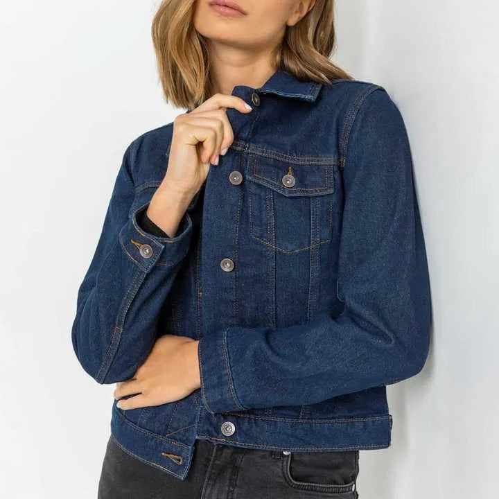 Dark blue denim jacket with button front and chest pockets