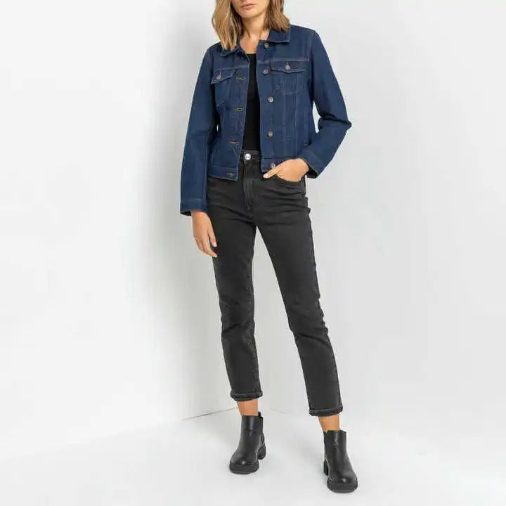 Dark blue denim jacket with button front and chest pockets