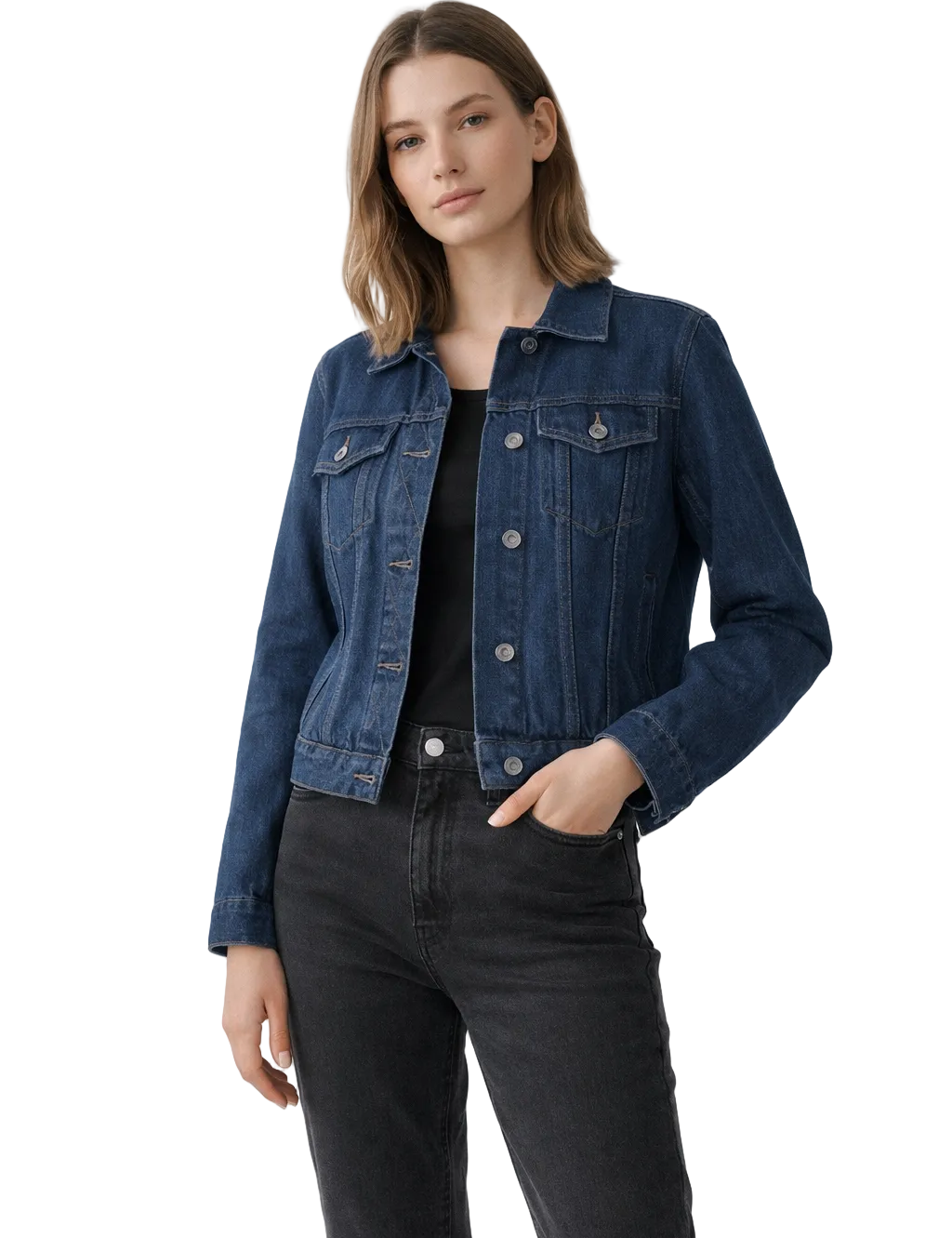 Dark blue denim jacket with button front and chest pockets