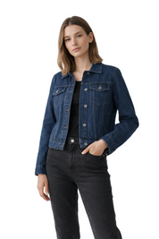 Dark blue denim jacket with button front and chest pockets