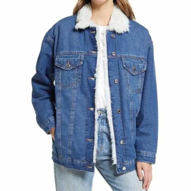Denim jacket with contrast faux shearling collar