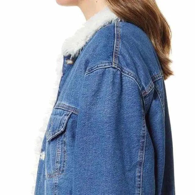 Denim jacket with contrast faux shearling collar