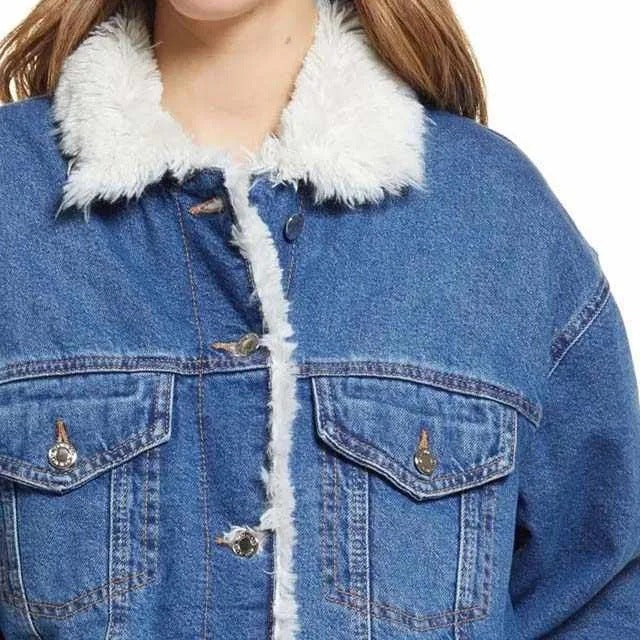 Denim jacket with contrast faux shearling collar