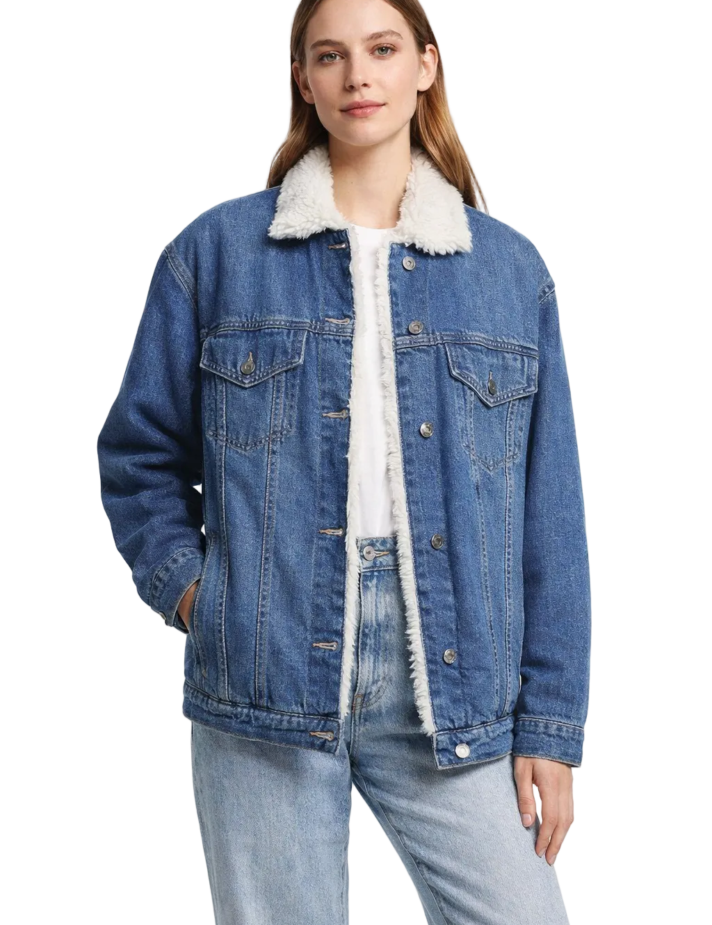Denim jacket with contrast faux shearling collar