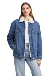Denim jacket with contrast faux shearling collar