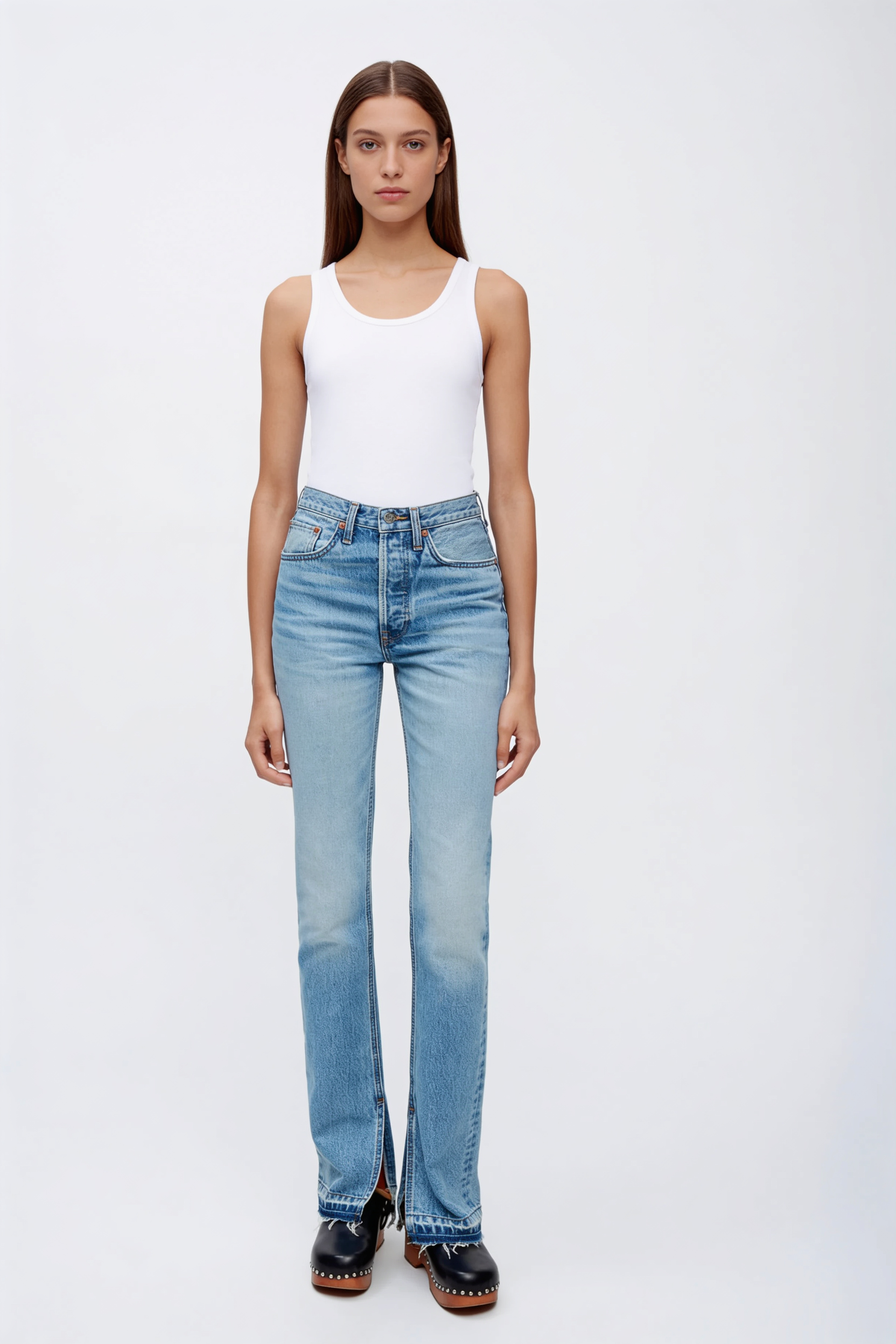 Light Blue High-Rise Straight Jeans with Split Hem