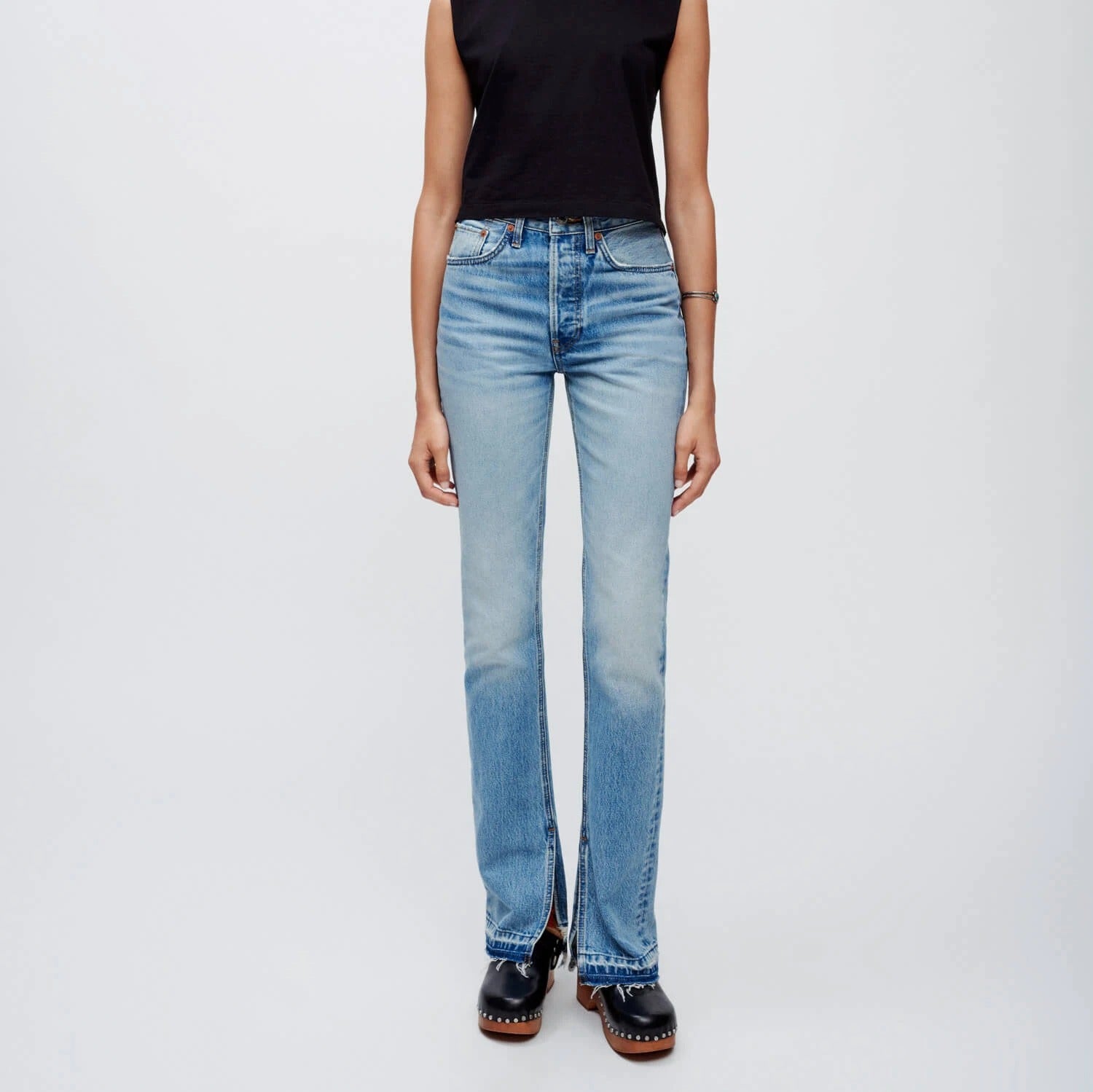 Light Blue High-Rise Straight Jeans with Split Hem