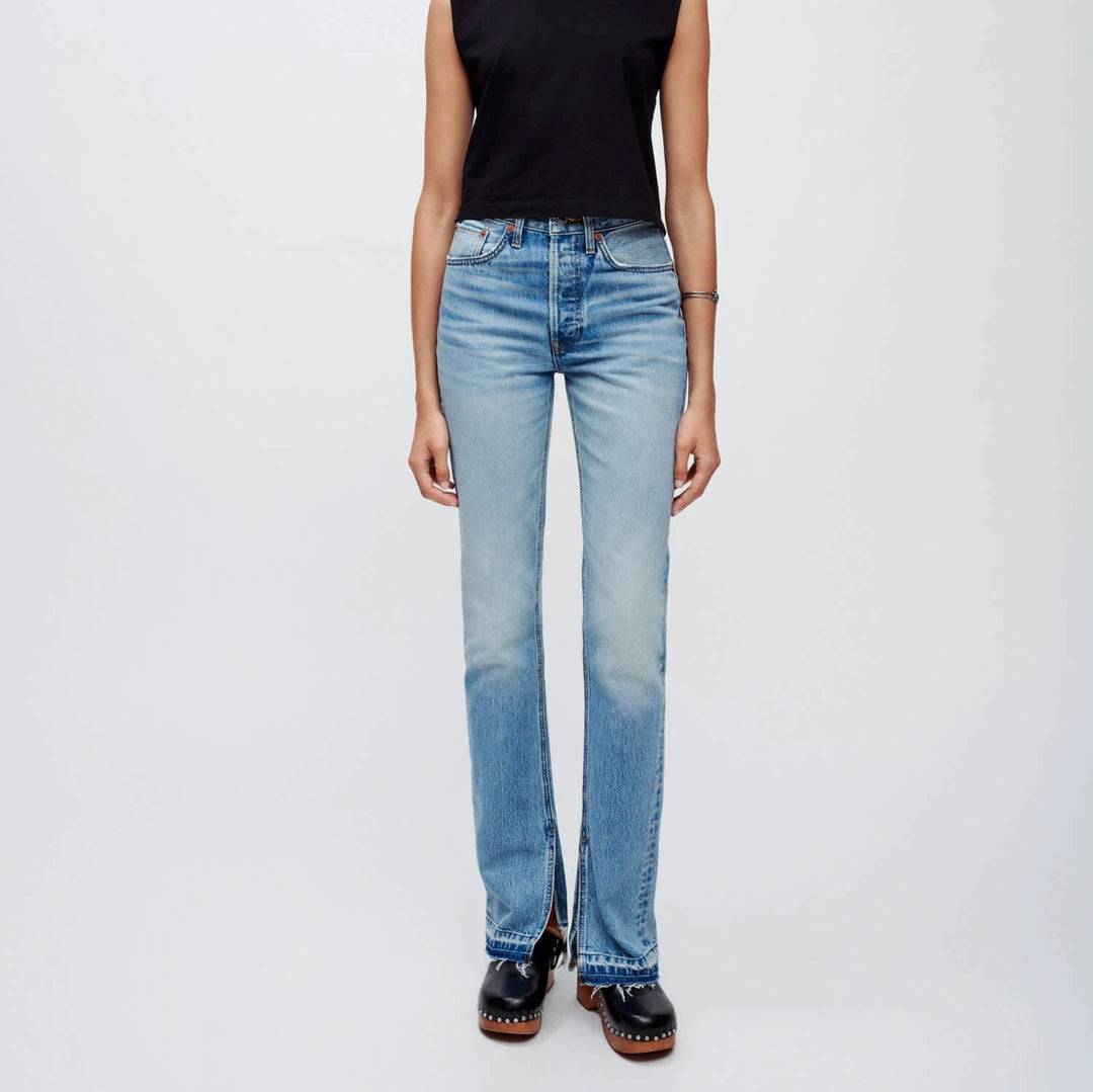 Light Blue High-Rise Straight Jeans with Split Hem