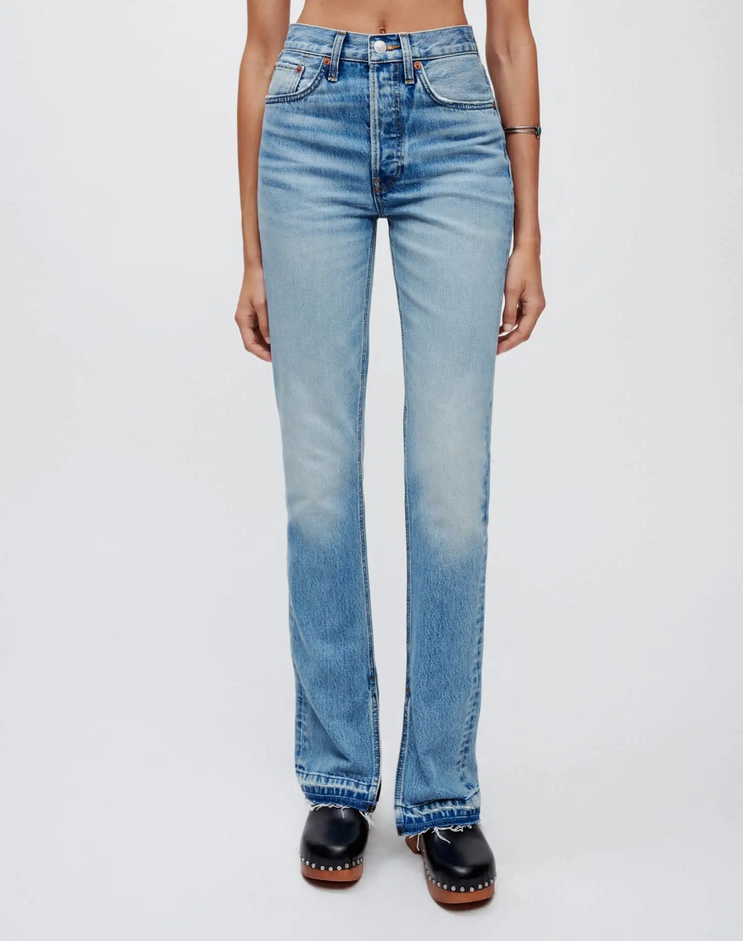 Light Blue High-Rise Straight Jeans with Split Hem