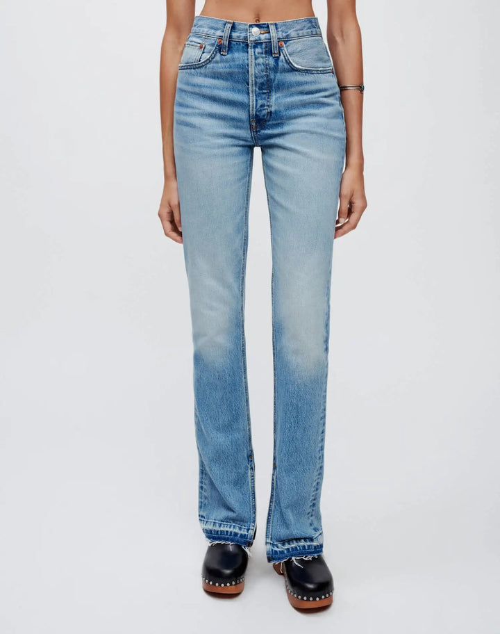 Light Blue High-Rise Straight Jeans with Split Hem