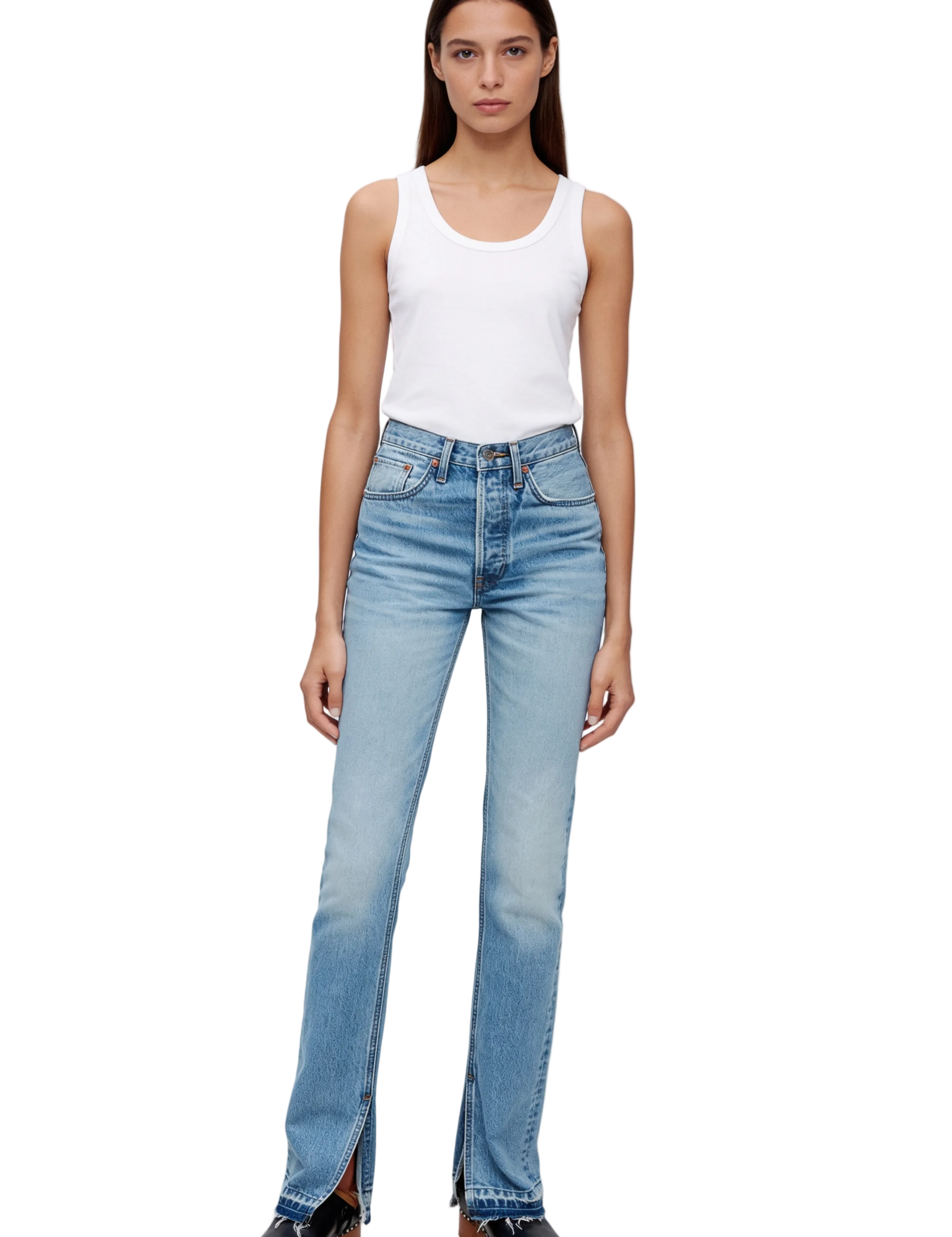 Light Blue High-Rise Straight Jeans with Split Hem