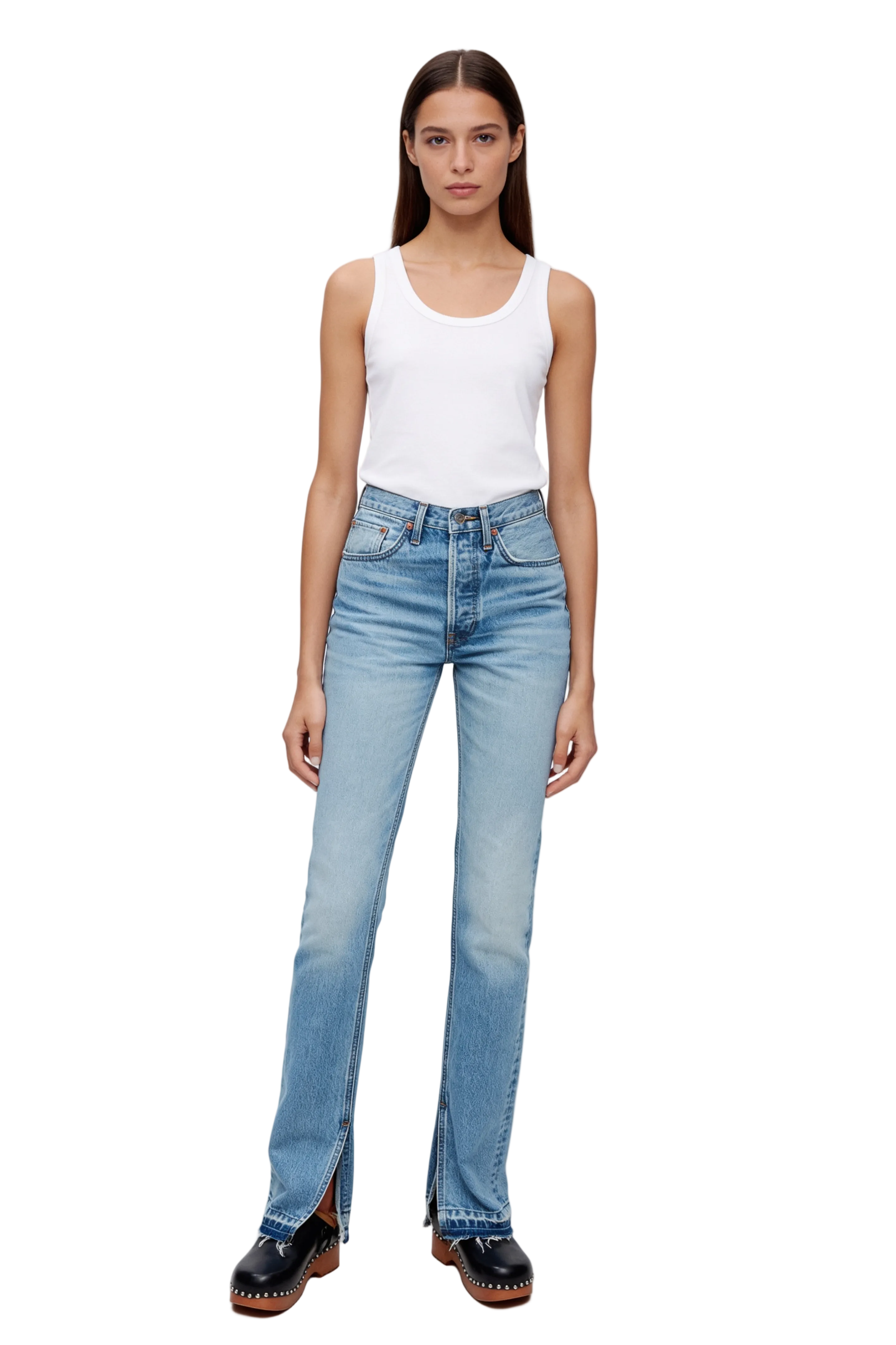 Light Blue High-Rise Straight Jeans with Split Hem
