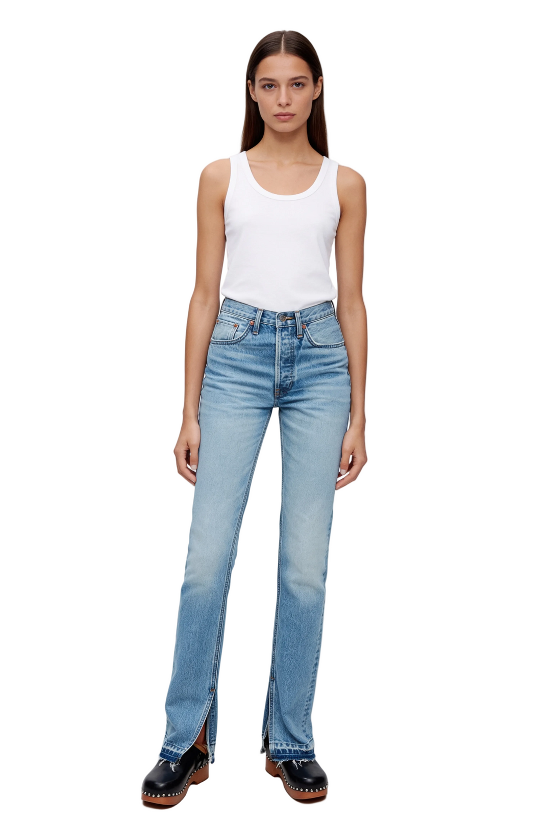 Light Blue High-Rise Straight Jeans with Split Hem